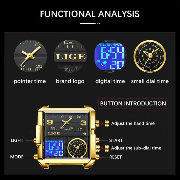 LIGE Toppmärke Lyxmode Herrklockor Guld Stål Sport Fyrkantig Digital Analog Big Quartz Watch for Man Relogio Masculino+BOX all black