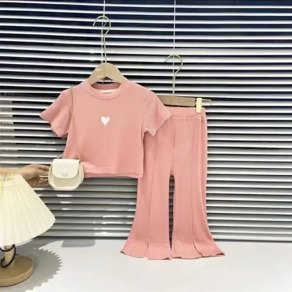 Sommar flickkläder Set Mode Söt Kärlek Kort flickskjorta Topp+utsvängda byxor Baby Barnkläder Kostym Barnkläder Pink 120cm 4-5T