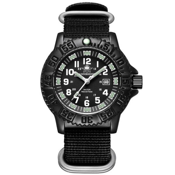 ADDIES Watch Watch för män Lysande rör NATO Nylon Lyxig rostfritt stål Sport herrkvartsklocka Mode Watch Black nylon