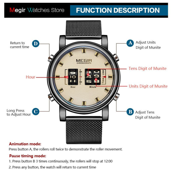 MEGIR 2020 Nya lyxklockor Män Militär Sport Roller Pointer Quartz Watch Man Mode Armbandsur med mesh i rostfritt stål Brown black-Box