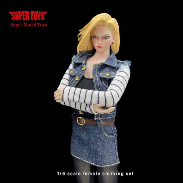 1/6 kvinnlig soldat Android 18 Head Carving västar Randig hudtäta plagg Kjol Kostym Accessoar för 12\ boots