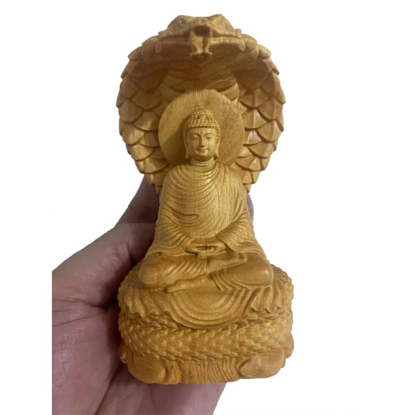 Massivt trä Sakyamuni Python Tathagata Staty- Staty Massivt träsnideri Kreativ heminredning Feng Shui Buddha staty 12cm
