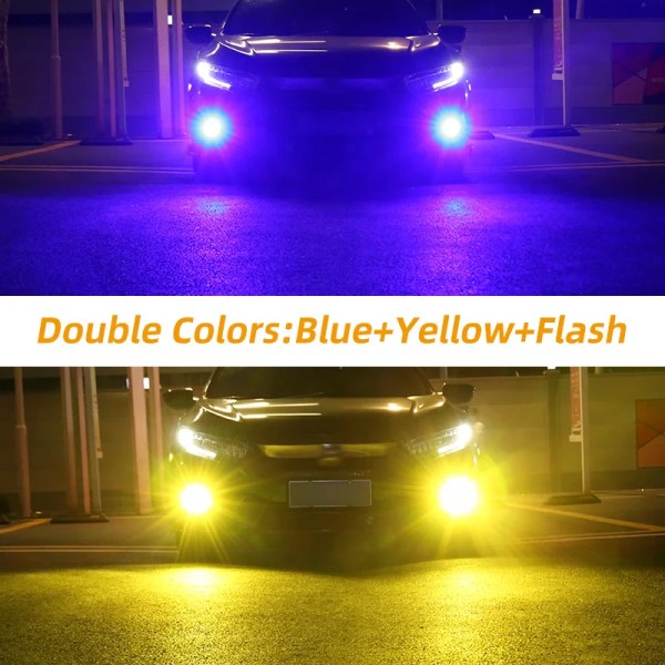 Blå Gul Blixt-2st H1 H3 LED-lampa Super Ljus Doulbe Färger 24 3030SMD Bil Dimljus 12V 24V 6000K Vit Kördagkörningslampa Autoljus Blue Yellow Flash H3