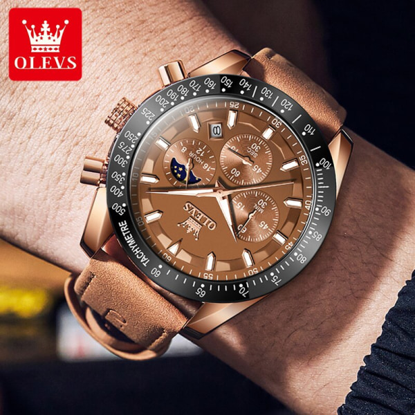 OLEVS Watch herr Ny original datumkalender Månfas Vattentät Lysande brunt läderarmband Watch för män brown 9957
