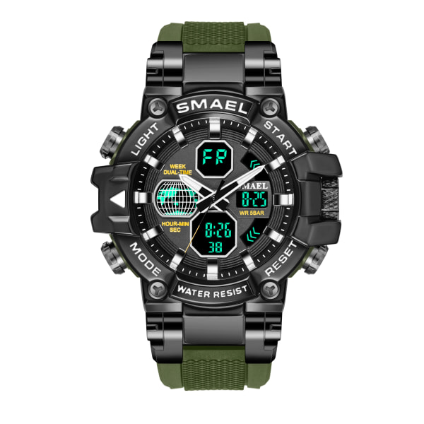 Herr Militärklockor SMAEL Klocka Herr Digitala armbandsur Dual Time LED Armband relogio masculino 8027 Watch Vattentät Army-Green