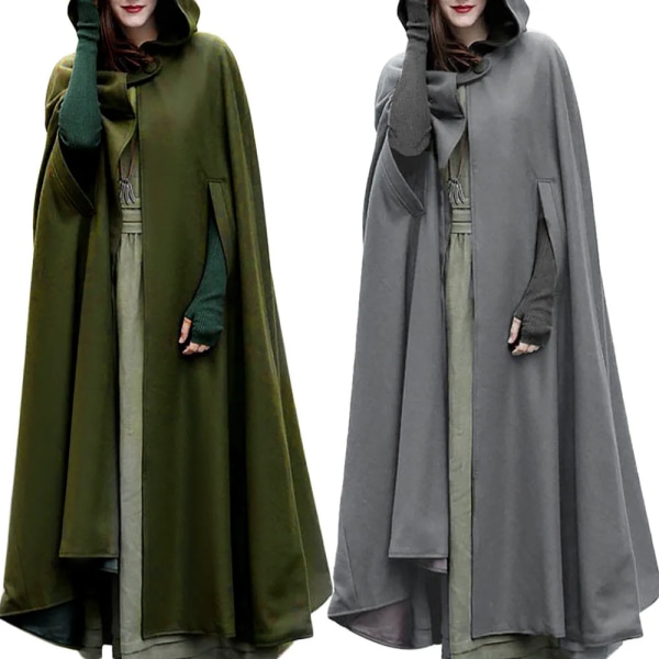 ZANZEA Dam Poncho Vinter Huva Öppen Front Kappa Lös Solid Lång Kappa Huvtröjor Cosplay Ytterkläder Jul Casual Cape army green XL