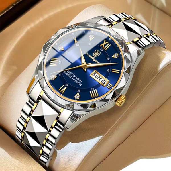 Lyx Herrklockor Business Toppmärke Man Armbandsur Vattentät Lysande Date Week Quartz Watch Hög kvalitet+låda Gold Gold