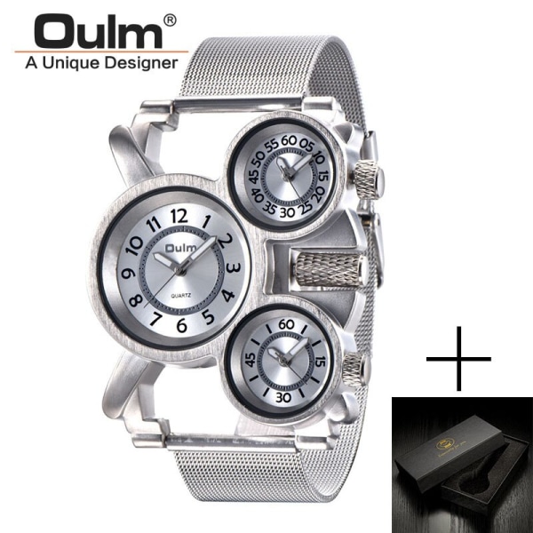 Oulm HT1167 Herrklockor Toppmärke Lyx Herr Militär Watch för utomhusbruk 3 Tidszon Sport Brun Man Full Stålklocka Silver(box)