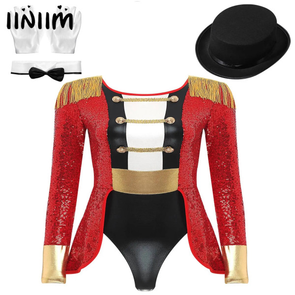 Kvinnors Circus Ringmaster Outfit Halloween Maskerad Cosplay Kostym Lion Tamer Fancy Dress Fransad axel frack Bodysuit Red 4XL