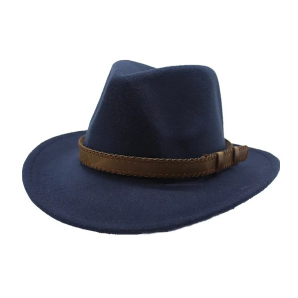 Äkta män Dammode Cowboyhatt med bälte Hatt med bred brätte Ull Trilbyhatt Vuxenhatt Storlek 56 58CM Dark Blue