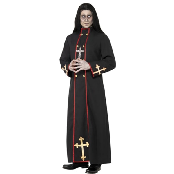 Halloween Cosplay medeltida katolsk prästdräkt karneval mäns fruktansvärda pastor Monk Wizard Fancy festklänning Black XL