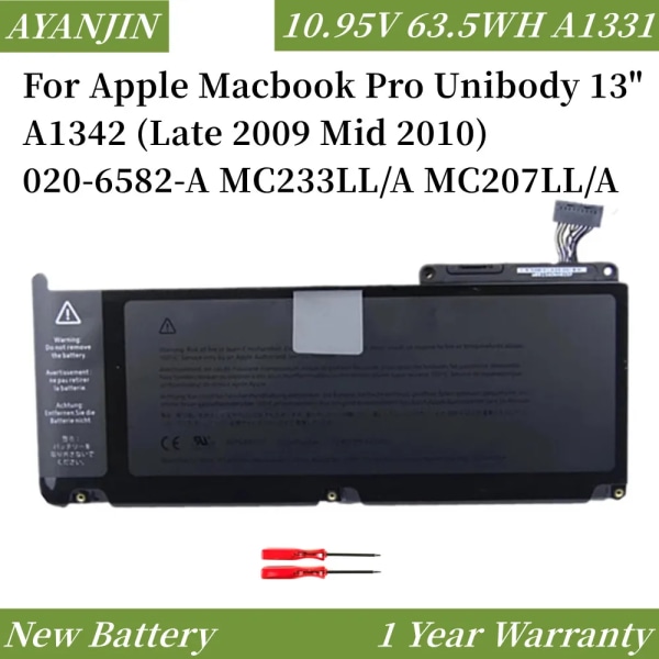 Laptopbatteri A1331 10,95V 63,5WH för Apple MacBook 13,3"A1342 Unibody MC207LL/A MC516LL/A 020-6809-A