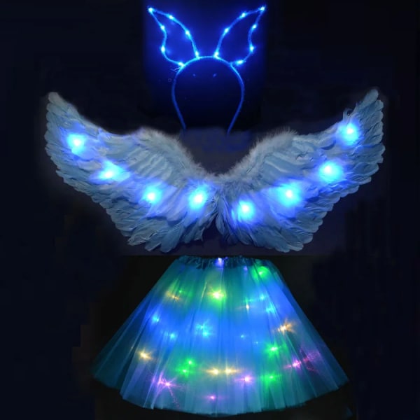 Kvinnor Girl Angel Light Up Tutu-kjol Pannband Glow Feather Wing Cosplay Födelsedag-blå lila set blue purple set L