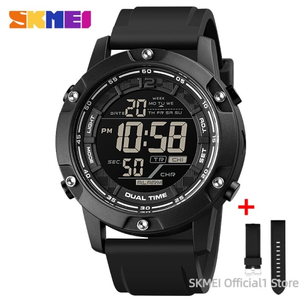 SKMEI 1762 100M Vattentät Digital Watch Herr Militärsport Herrklockor Klocka Nedräkning Herrarmbandsur relogio masculino Black--Black strap