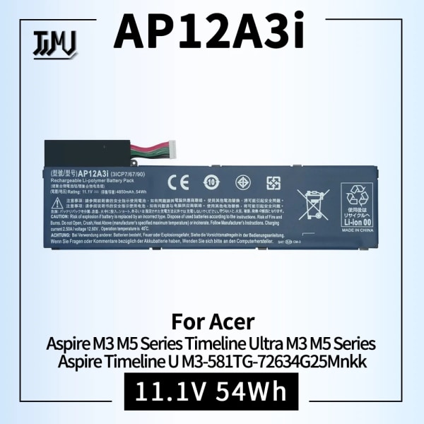 Laptopbatteri för Acer Aspire Timeline M3 Series Ultra U M3-581tg M5-481tg M3-481tg Kt.00303.002 Bt.00304.011 Ap12a3i Ap12a4i AP12A3i 11.1V 54Wh