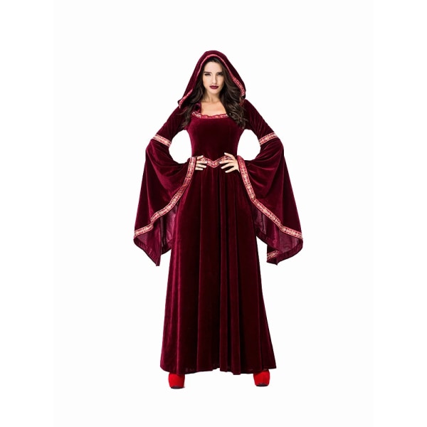 Medeltida retro gotisk huvtröja Häxa lång kjol Lyxig festklänning för kvinnor Cosplay Vampyr Halloween Vuxen kostym Red M