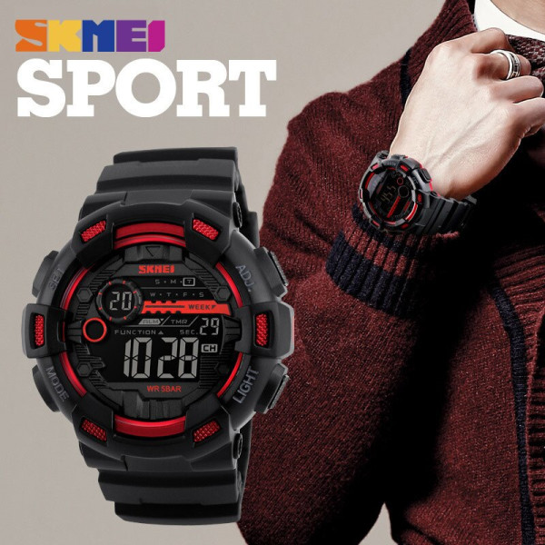 SKMEI 1243 Outdoor Sport Watch Herr PU Armband LED Display Herrklockor Multifunktion Vattentät Digital Armbandsur reloj hombre black With Strap