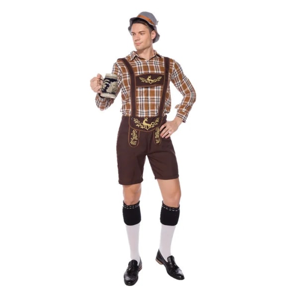 Klassisk par Oktoberfest Costume Germany National Rutig Shirt Lederhosen Outfit Cosplay Carnival Halloween Fancy Party Dress Man M
