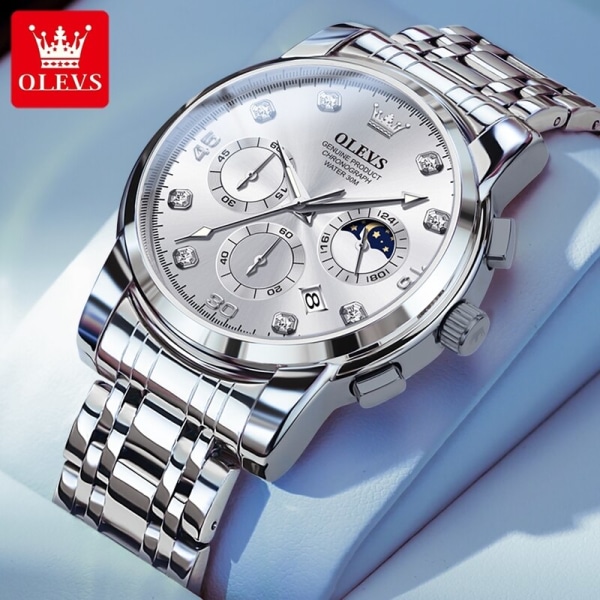 OLEVS Original Watch Quartz Chronograph Månfas Datum Lysande Vattentät Lyx Business Armbandsur Quartz Watch for Herr white 2889