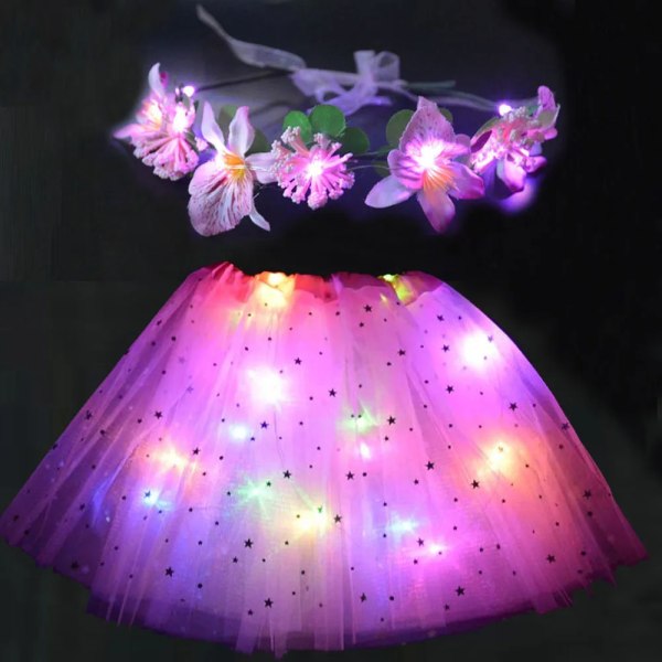 Flicka Kvinnor Flower Fairy Light Up Tutu Led-kjol Star Glow Pannband Krans Party-rosa kjol pink skirt for teenage or women