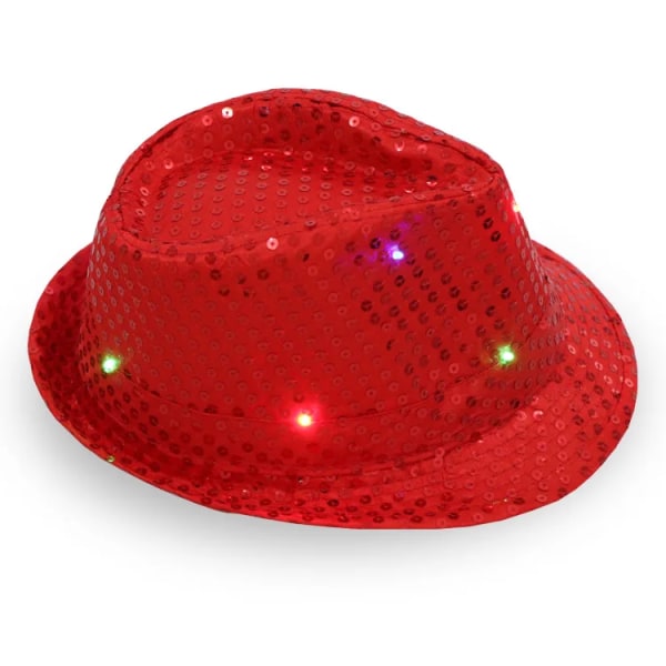 Kvinna Män Barn LED Blinkande paljett Jazz Hat Cap Light Up Fluga Bär rekvisita-röd hatt red hat Adults