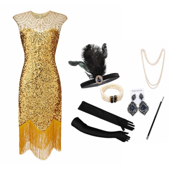 1920-talsflapperklänningskostym Fantastiska Gatsby-festaftonspaljetter Fransade klänningar Klänning Cosplay med 20- set S-XXXL Gold XXL