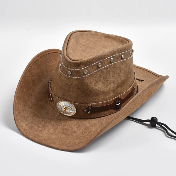 100 % läder Western Cowboyhatt Män Bred brättad Gentleman Church Jazz Cap Cowgirl Hattar Sombrero Hombre khaki02