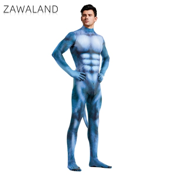 Zawaland blå lurviga kostymer män Halloween kläder med svans gren Dragkedja Zentai kostym Rolig parfest outfit karneval B273-1006 XXL