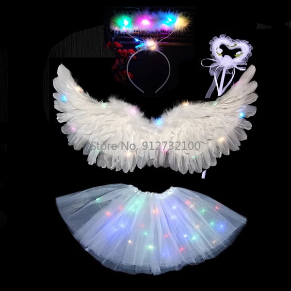 Angel Cosplay Light Tutu-kjol Hårband Glow Feather Wing Födelsedag LED Party Kostym-Kjol 2 Skirt 2 for 2-8years kids