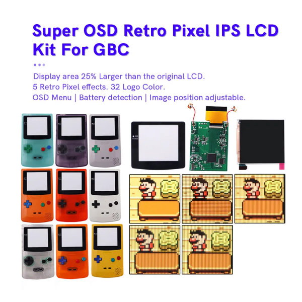 Super OSD RETRO PIXEL IPS Större LCD SCREEN KIT Bakgrundsbelysning Ljusstyrka Touchsensor För GameBoy Färg För GBC Q5 IPS LCD Kit R Clear light blue