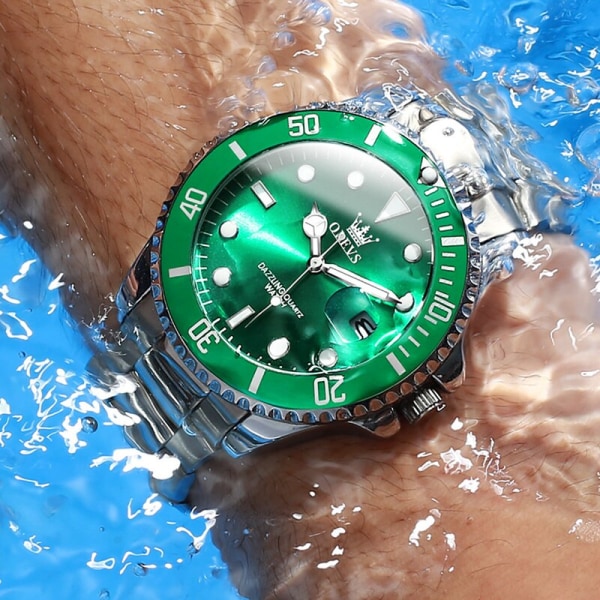OLEVS Watch Diver Grön Vattentät Watch för Herr Rostfritt stål Quartz Herr Watch Lysande balck 5885