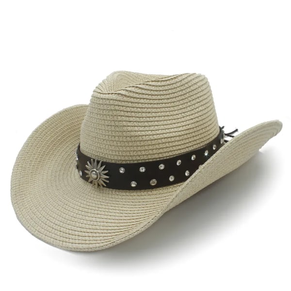Straw Western Cowboyhatt för Kvinnor Män Jazz Sombrero Cap Sommar Hombre Cowgirlhatt Med Roll Up Bred Brätte Storlek 56 58CM Straw