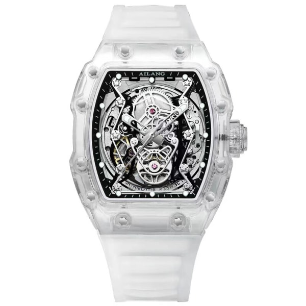 AILANG New Designer Hollow Tonneau Mechanical Watch Herr Lyxmärke Skeleton Automatic Watches Herr Sport Silikonarmbandsur White