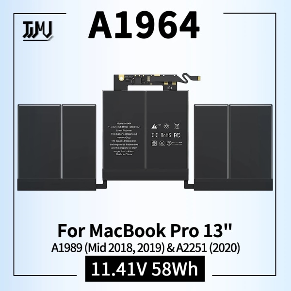 Laptopbatteri A1989 A2251 A1964 Ersättning för MacBook Pro 13 tum A1989 (mitten av 2018, 2019) & A2251 (2020) EMC 3214 3358 3348 A1964 11.41V 58Wh