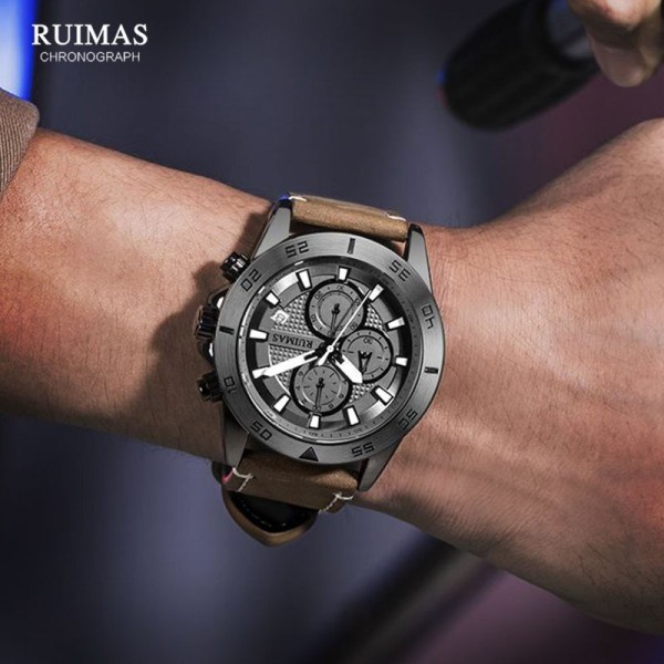 MEGIR & RUIMAS 2020 Chronograph Quartz Watches Herrmode Lyxigt Läderarmband Armbandsur Casual Vattentät Lysande Watch Man Gray-Box