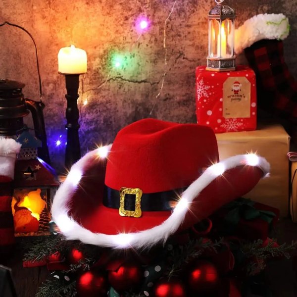 Jul Cowboyhatt Long Life Knapp Batteri Power Non-woven Strobe Jul Cosplay rekvisita Filtkant Tomteluva Röd color light