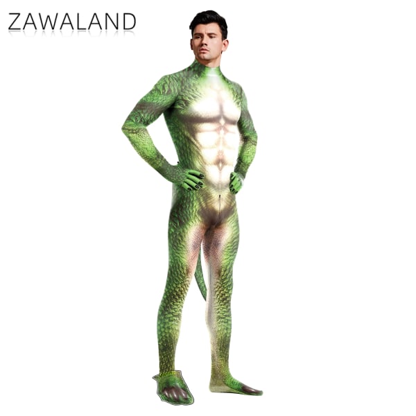 Zawaland Halloween Bodysuits Man Vuxen Kostym Med Svans Cover Elastisk Zentai Suit Cosplay Animal Dragon Print Catsuit 1004 XXL