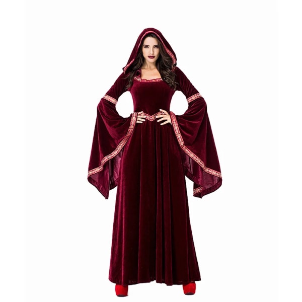 Medeltida retro gotisk huvtröja Häxa lång kjol Lyxig festklänning för kvinnor Cosplay Vampyr Halloween Vuxen kostym Red M
