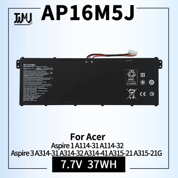 Laptopbatteri AP16M5J för Acer Aspire 1 A114-31 A114-32 3 A314-31 A314-32 A314-41 A315-21 A315-21G A315-22 A315-31 A315-32 AP16M5J 7.7V 37Wh