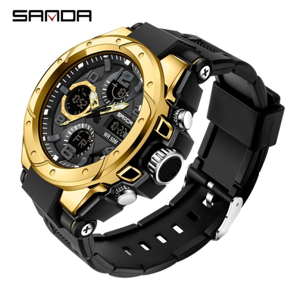 SANDA 2022 Militär watch för män LED Digital Quartz Dual Display Watch Vattentät Watch Relogio Masculino 6008 Gold