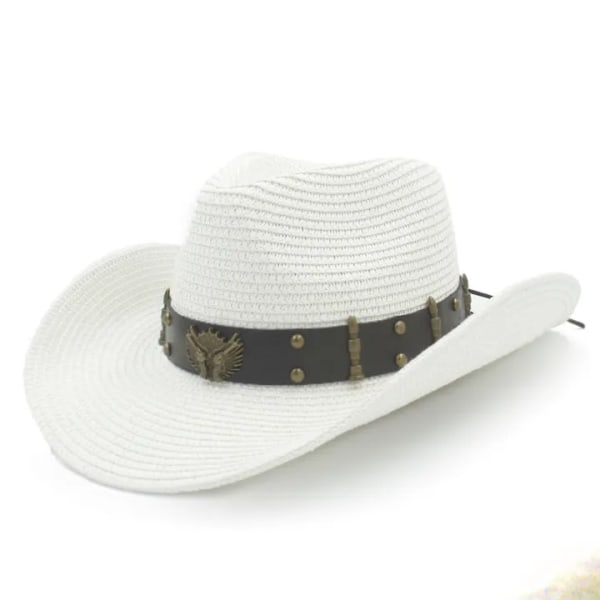 Damer Män Halm Western Cowboyhattar Med Roll Up Brätte Lady Gentleman Utomhus Sombrero Sombrero Hombre Beach Sun Cap Storlek 56 58CM White