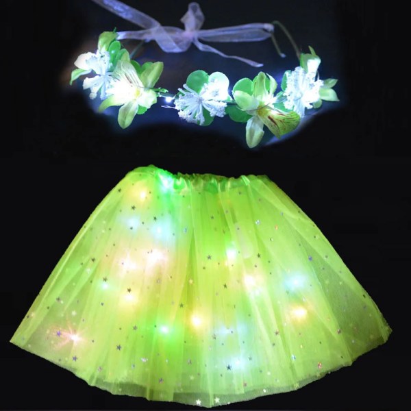 Flicka Kvinnor Flower Fairy Light Up Tutu Led-kjol Star Glow Pannband Krans Party-grön kjol green skirt for  2-8 years