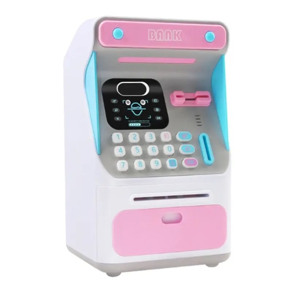 Mini bankomatpengar med elektronisk låsansiktsigenkänning Automatisk rullning papperspengar och mynt för barn Tonåringar Pojkar Flickor Pink