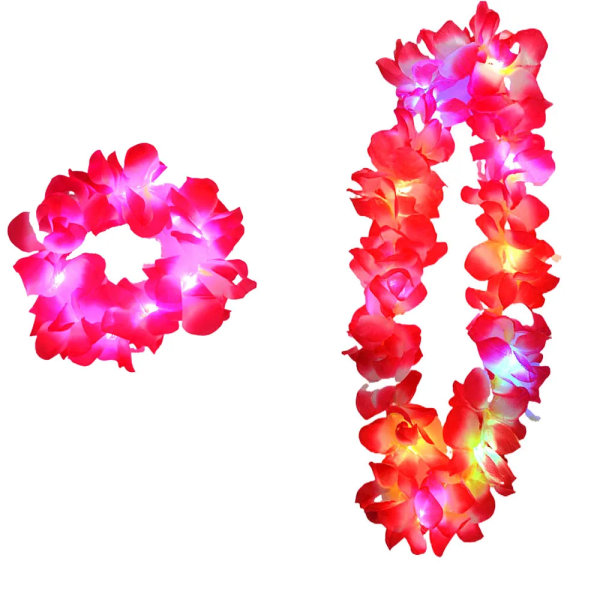 Light Up Glow LED Hawaii Hula Luau Flower Leis Garland halsband Krans lysande pink set