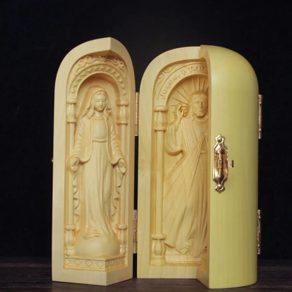 Massivt trä Jesus-rund staty med tre öppnade lådor, modern konstskulptur, bärbar heminredningsstaty, presentsouvenir,