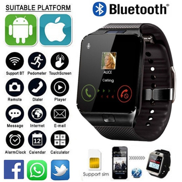 Bluetooth Smart Watch DZ09 Bärbar Armbandstelefon Watch 2G SIM TF-kort för Xiaomi Samsung Android Smartphone Smartwatch Män Kvinnor Black