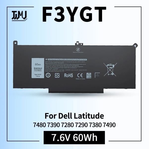 Laptopbatteri F3YGT för Dell Latitude 12 7000 7280 7290/13 7000 7380 7390 P29S002/14 7000 7480 7490 P28S P28S001 P73G P73G002 F3YGT 7.6V 60WH