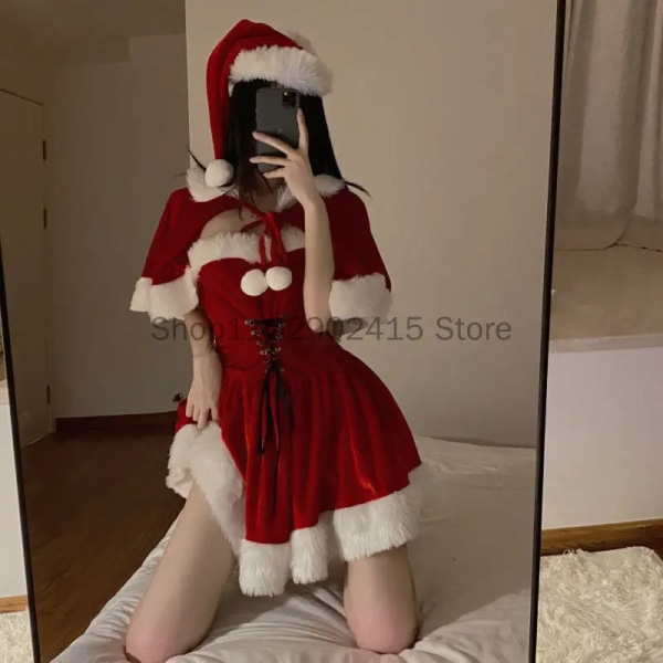 Cosplay Tomte Höst Vinter Söt Jul Röd Sjalklänning Kvinnor Semesterdräkt Fest Klä upp Outfit Kvinnlig Kawaii-mantel 3ps M