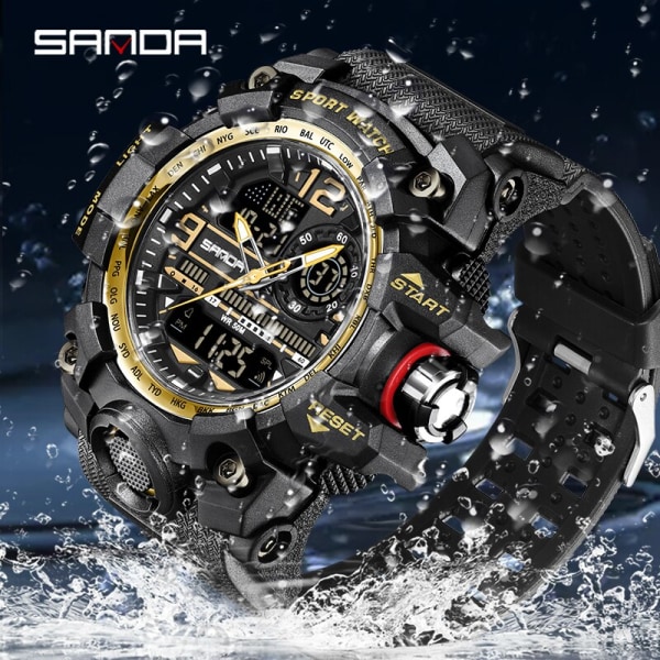 SANDA 2022 New Style Herrklockor 50M Vattentät Sport Militär Quartz Watch För Man Digital Armbandsur Klocka Black red 3132