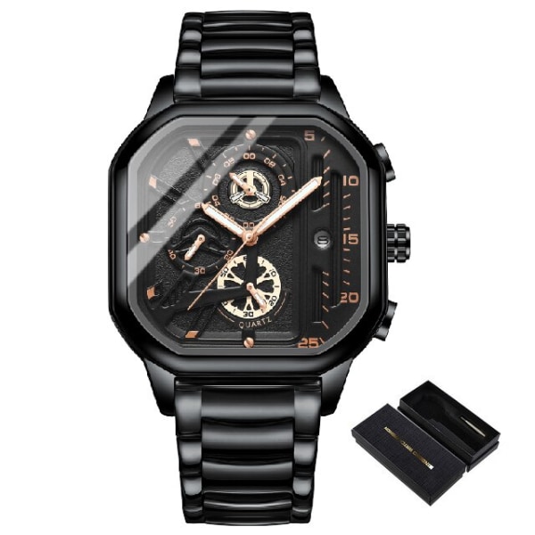 Square Chronograph 2023 Casual Fashion Watch för män Läderklocka Luxury Business Armbandsur Vattentät watch steel black box